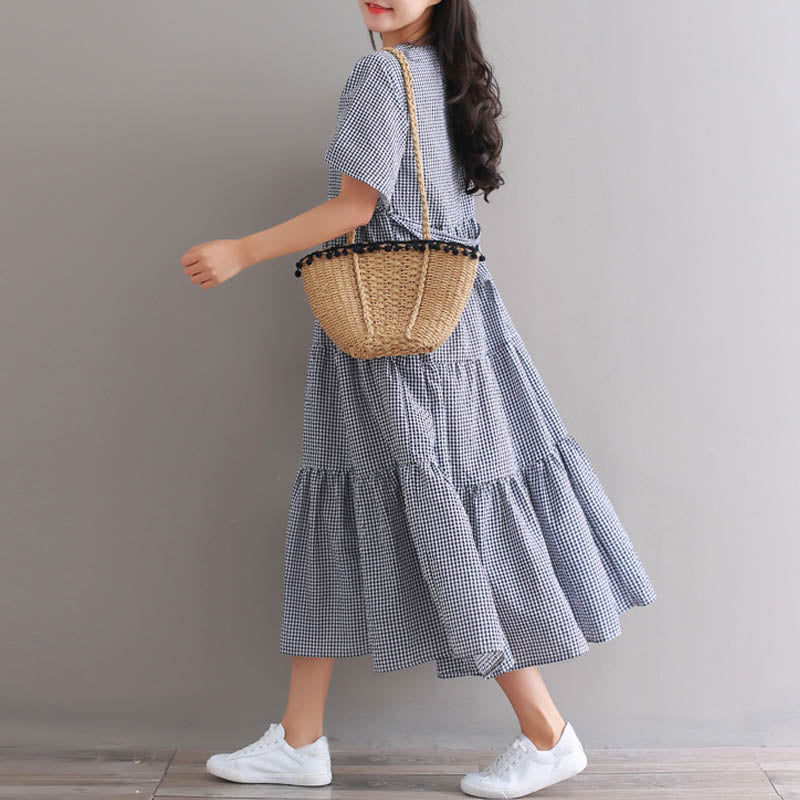 ZANZEA women's round neck short-sleeved plaid cotton and linen stitching cake skirt dress with belt