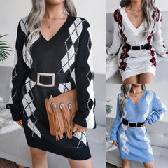 Women's Knit Dress Long Sleeve V Neck Y Bodycon Dress Women's Slim Party Mini Dress
