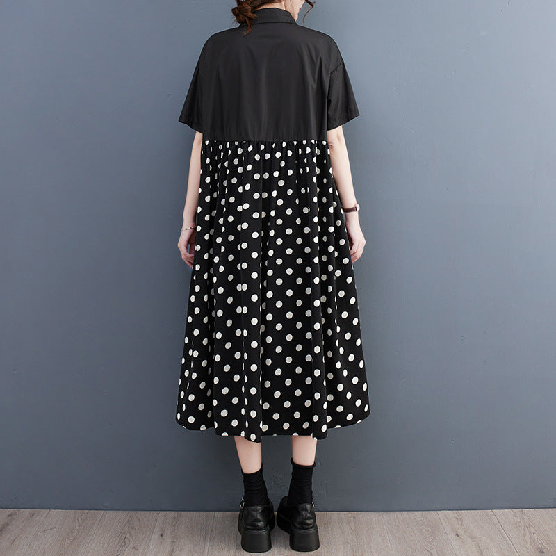 European station fashion large size women's 2023 summer fashion wave dot print splicing style dress slimming shirt skirt