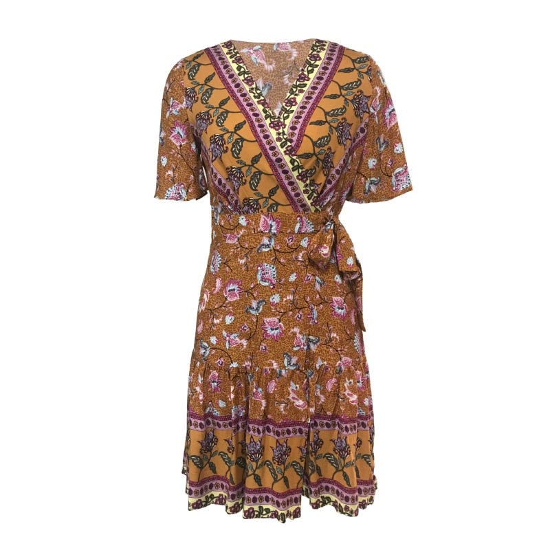 فستان صيفي بوهو قصير مطبوع عليه زهور للنساء بياقة على شكل V مع حزام فساتين نسائية قصيرة الأكمام للشاطئ فستان الشمس فيستدو 