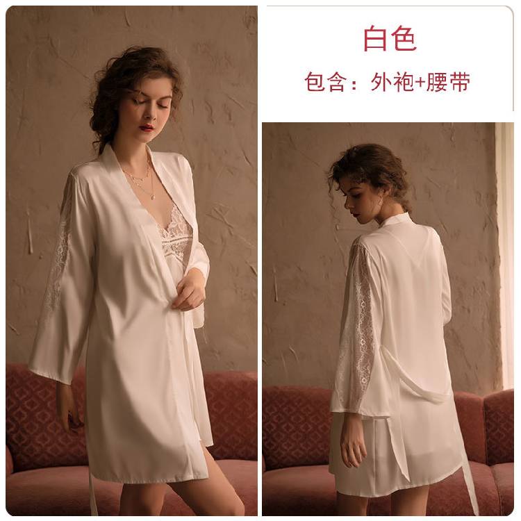 Rose  spring and summer female Europe and the United States new pajamas satin long-sleeved tape nightgown bathrobe home clothing 780