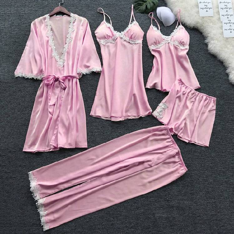 flower printing women Pajama Sets pajamas nightgown Silk sleepwear women's underwear robes babydolls set 5pcs pajamas lingerie