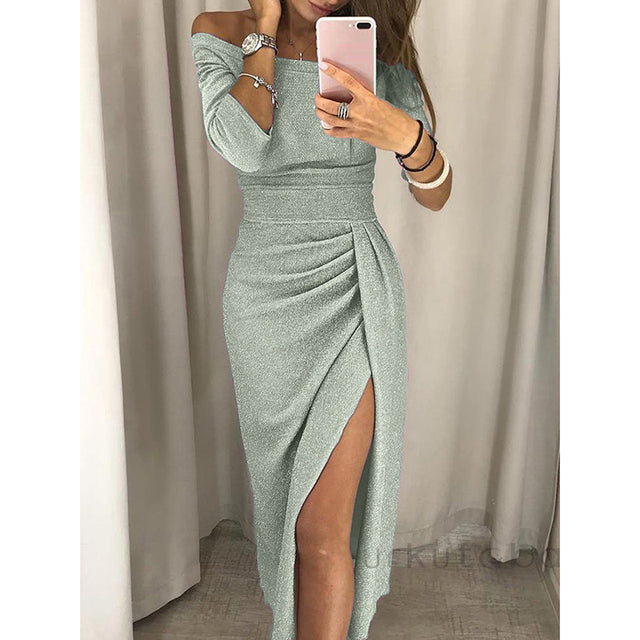 Women's Off Shoulder Formal Wear Long Sleeve Bodycon Evening Gown Elegant High Waist Slit Ladies Strap Dress