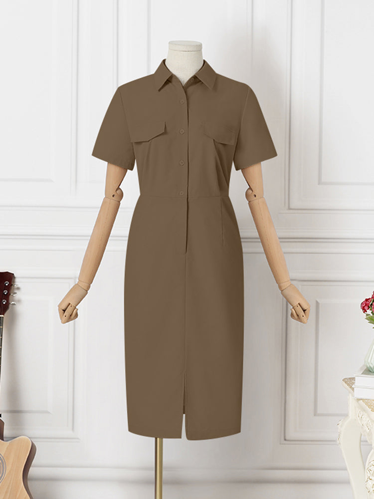 VONDA Elegant Solid Color Summer Sundress Fashion Women Lapel Buttons Casual Midi Dress Short Sleeve Party Vestidos Robe