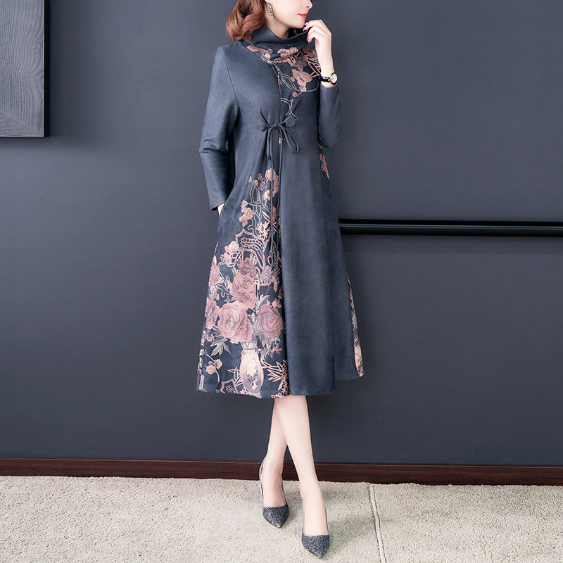 Suede looks young mother autumn women's long-sleeved dress bottoming plus size long skirt middle-aged and elderly women's clothing