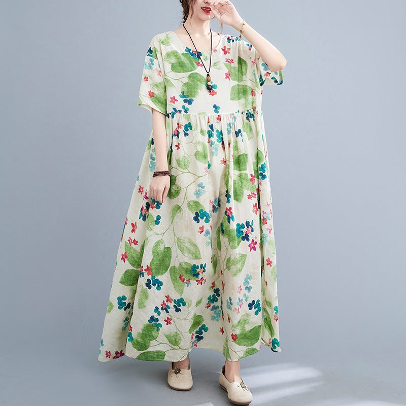 Oversized women's 2023 summer new style literary fat MM fattening enlarged  and thin printed short-sleeved dress