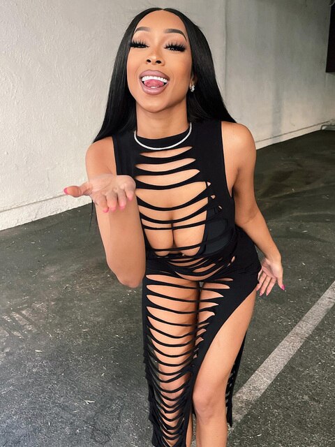 Hugcitar الصلبة الجوف خارج انظر من خلال أكمام كاشفة فستان ماكسي مثير Bodycon 2022 الصيف ملابس النساء الموضة بحر 