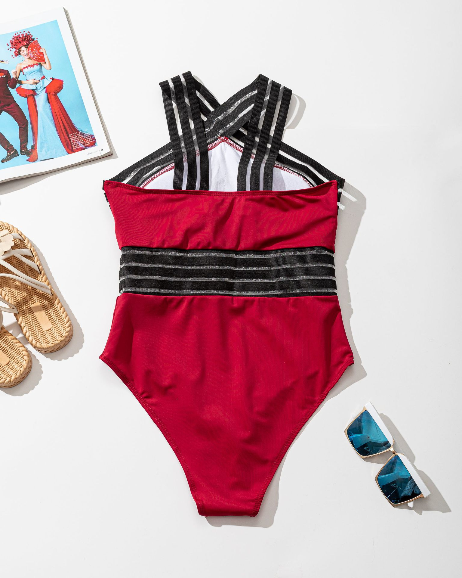 New European and American fashion cross halter neck halter one piece swimsuit