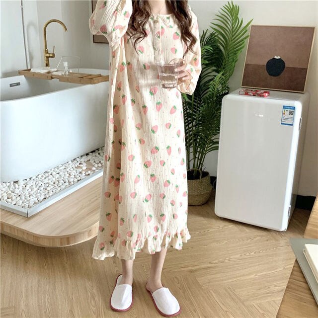 Cute Long Sleeve Nightgowns Women Sleepshirts Ruffle Tender Strawberry Print A-line Nightdress Girls Midi Autumn Sweet Sleepwear