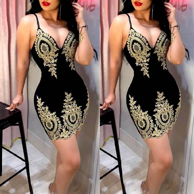 Women's Slim Print Fashion Sling Spaghetti Bodycon Lace Strappy Ladies Evening Party Mini Short Dress Size S XL V Neck