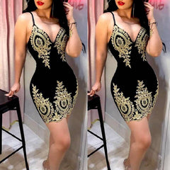 Women's Slim Print Fashion Sling Spaghetti Bodycon Lace Strappy Ladies Evening Party Mini Short Dress Size S XL V Neck