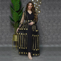 New Summer Middle East Embroidered Mesh Coat and Chiffon Sundress Dress Suit Arab Ladies Kaftan Dress Two-piece Set