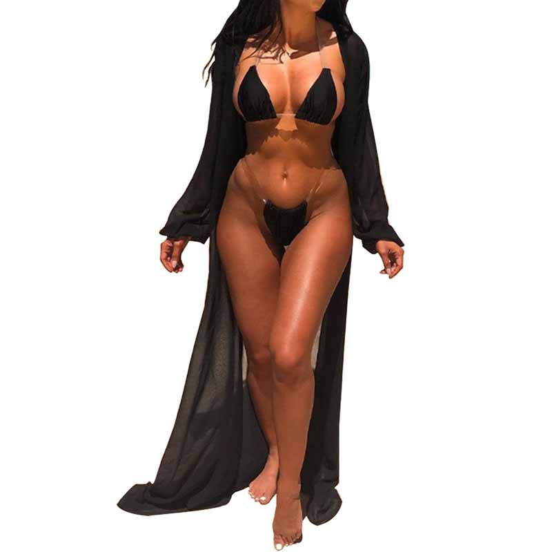 New European and American solid color women's two-piece bikini + long-sleeved sunscreen blouse three-piece swimsuit suit