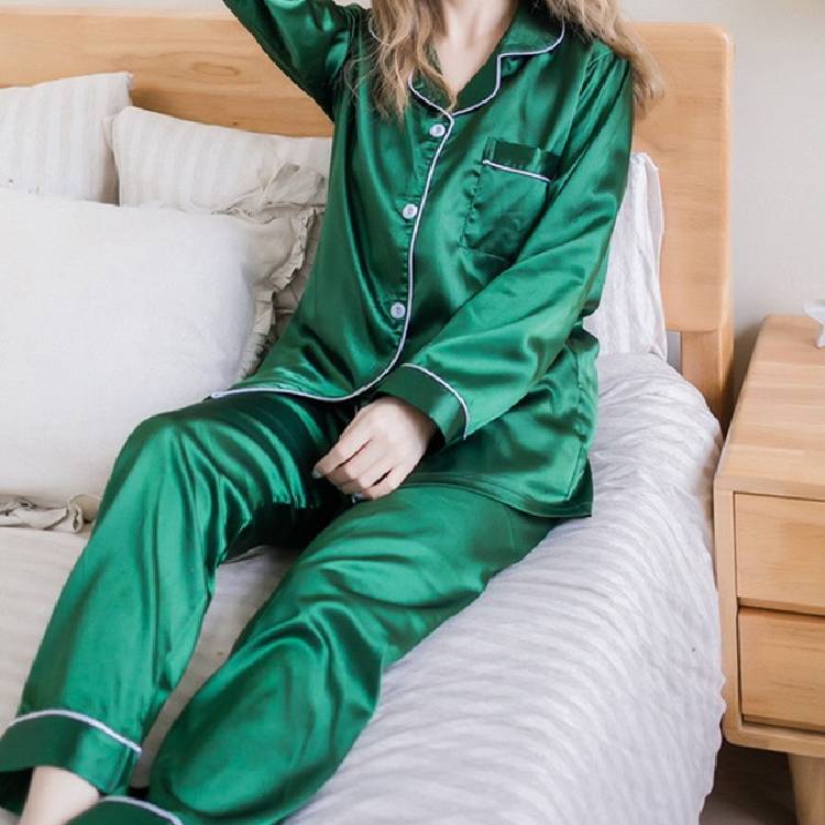 2PCS Pajamas Sets Women Lapel  Silk Long Sleeve Home Wear Ladies Mujer Satin Tops+Pants Nightgown Sleepwear Autumn