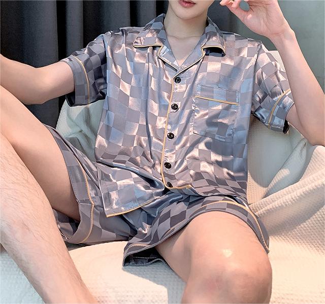 Pajamas summer thin ice silk men's short-sleeved cardigan home service suit