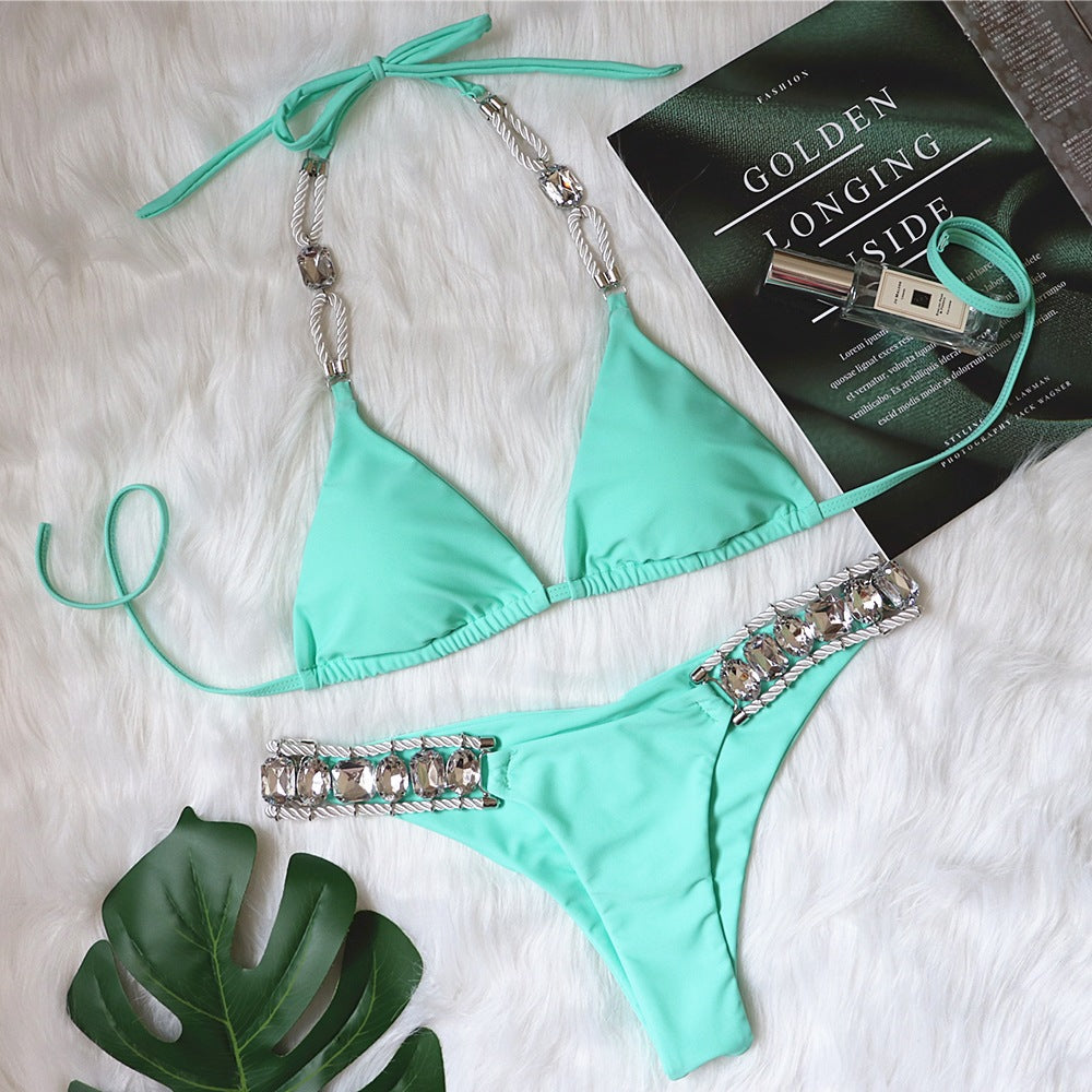 Explosive new cross-border swimsuit crystal diamond women's swimwear plain color strappy halter bikini