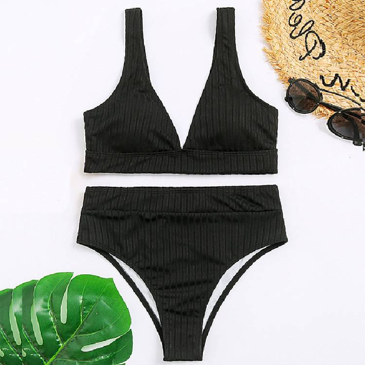 Peachtan solid  bikinis 2021 mujer  waist swimsuit women V neck swimwear female Sport bathing suit Stripe biquini