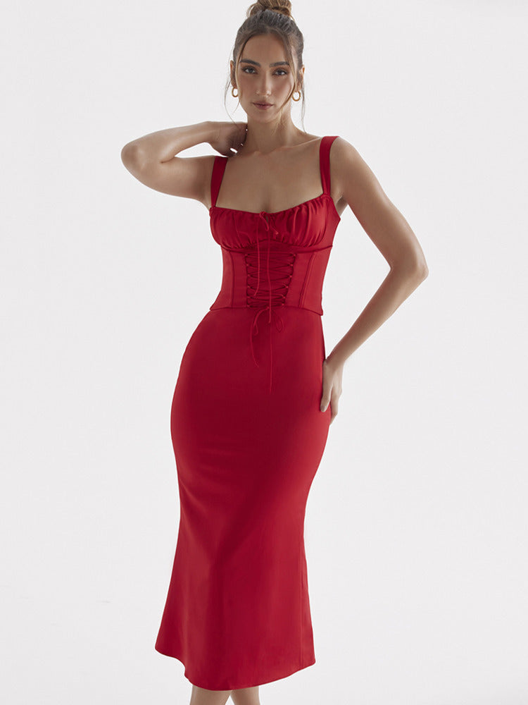 Mozision Elegant Spaghetti Strap Backless Midi Dress Women Robe 2023 New Sleeveless Lace-up Bodycon Party Long Dress Vestido