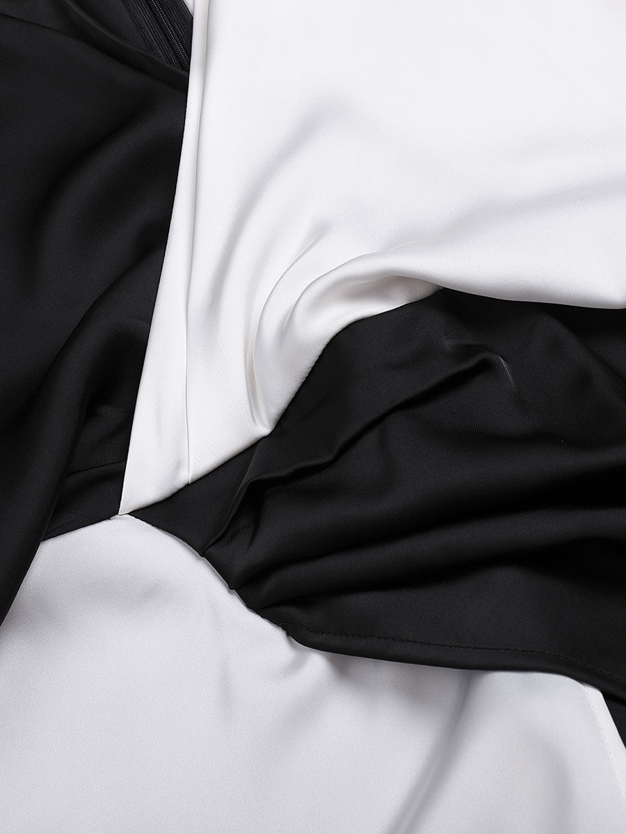 Elegant satin dress with black and white contrast stitching