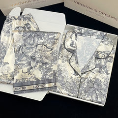 Women's  - textured national style lapel pajamas long-sleeved  silk home service suit