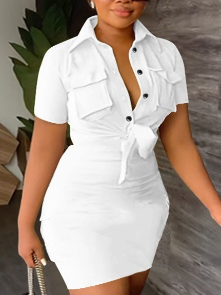 Women's Dress 2023 Summer Fashion Solid Color Lapel Short Sleeve Casual Pocket Design Tie Details Mini Shirt Bag Hip Dress