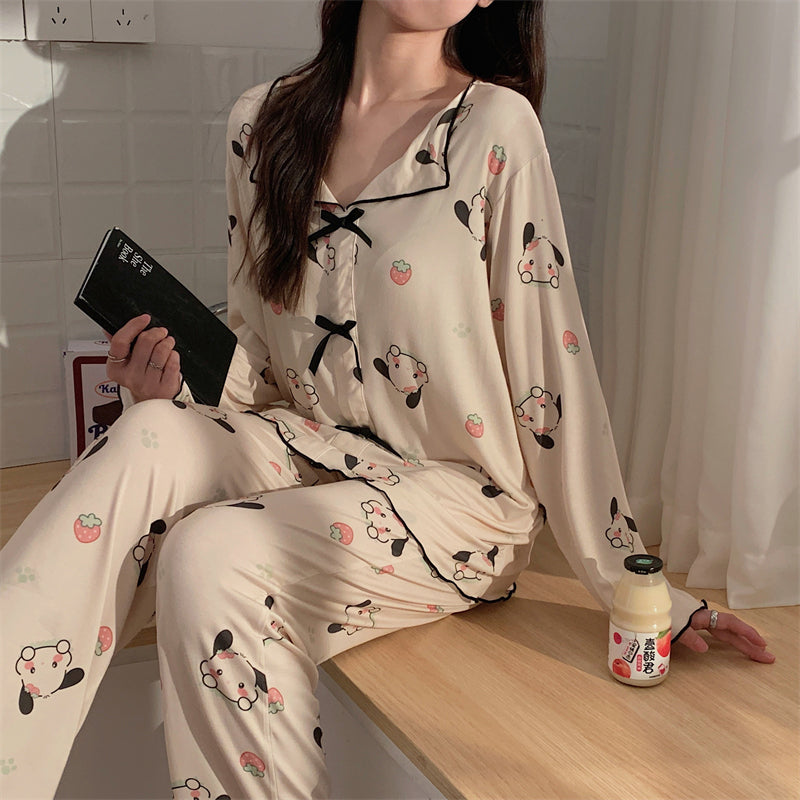 Spring and autumn new pajamas female  modal small lapel cardigan long-sleeved trousers sweet girl home service suit