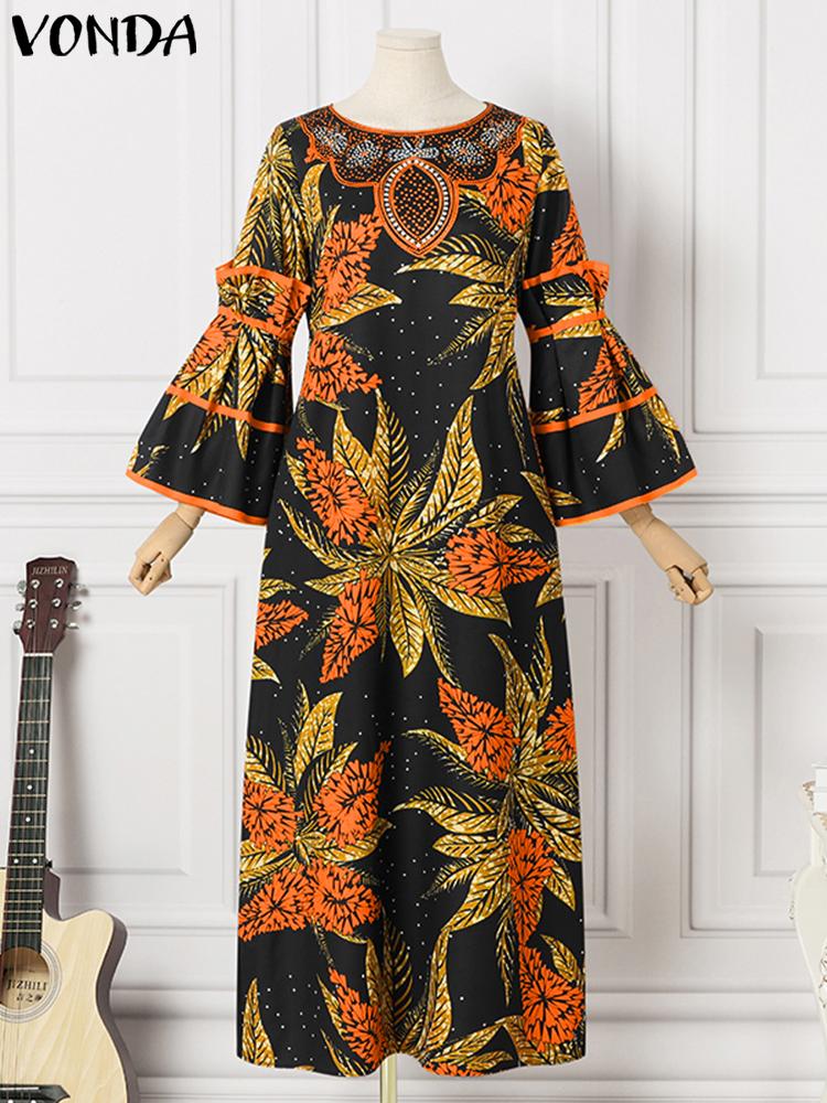 فوندا فساتين نسائية بوهو كلاسيكية مطبوعة بنمط عشوائي فساتين طويلة طويلة مكشكشة غير رسمية فضفاضة ورقبة دائرية وأكمام طويلة مرقعة