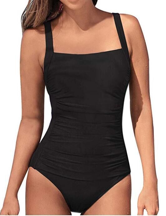 Explosive European and American sexy solid color pleated ladies one-piece swimsuit