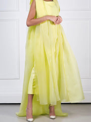 Yellow Elegant Organza Cape Flow Through Dress