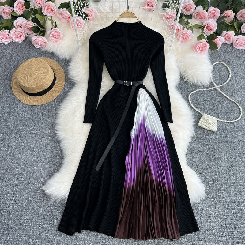 Elegant  stitching dress simple temperament round neck gradient  fit  mid-length skirt women