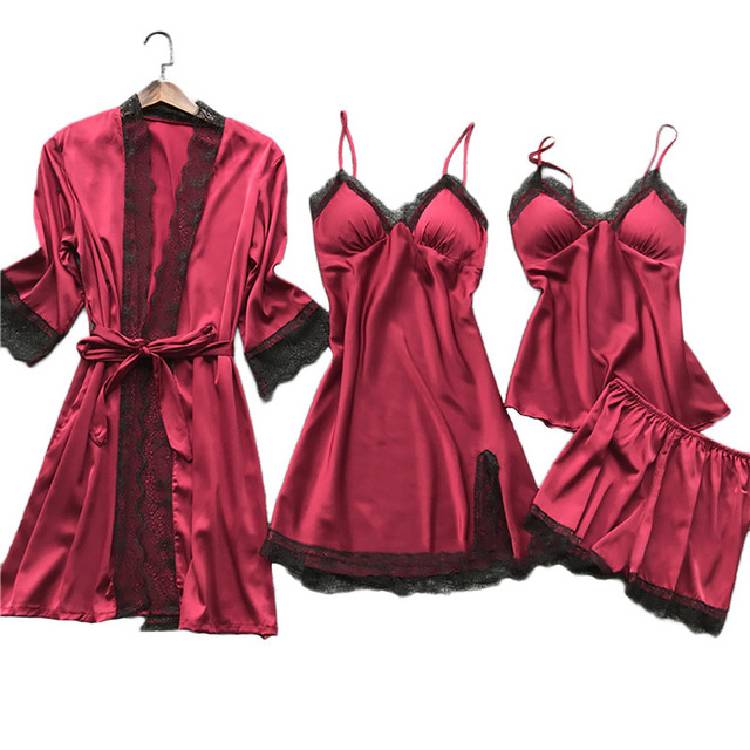 4PC Silk Robe Sleep Suit Womens Lace Satin Pajamas Gown Set V Neck Cami Nighties Wear Pijama Home Nightwear Spring Nightdress