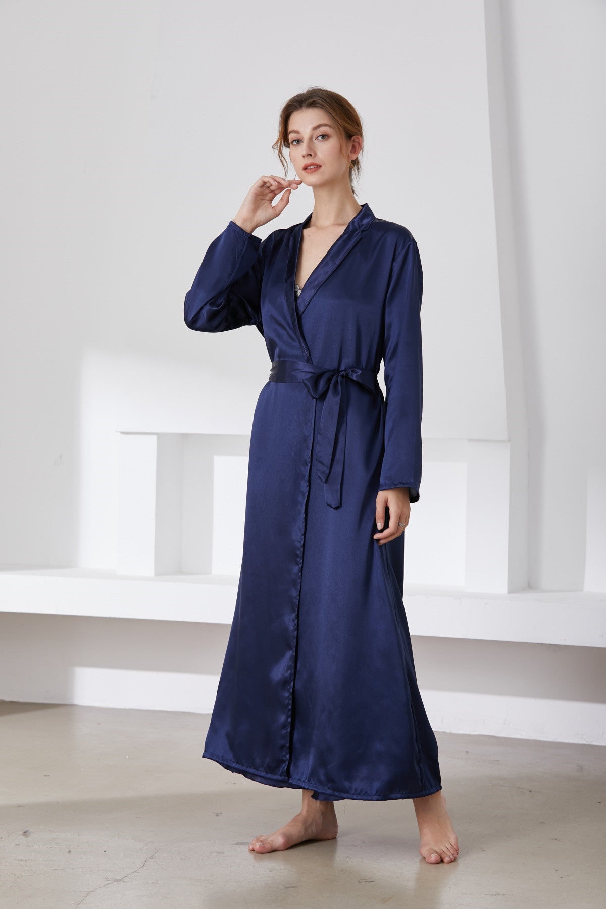 Simulated silk pajamas women's lapel long nightgown women's sexy pajamas bathrobe home service