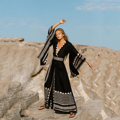 فساتين نسائية بطبعة بوهو سوداء للشاطئ بأكمام طويلة وربطات عنق صيفية غير رسمية مثيرة للعطلات ونادي الحفلات