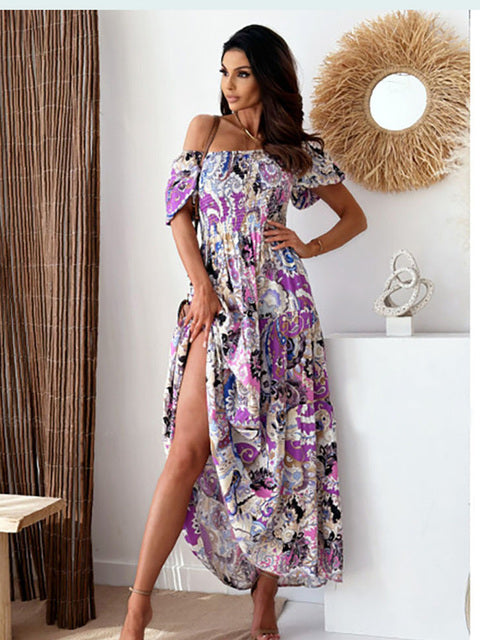 فستان بوهو نسائي صيفي أنيق مثير برقبة مائلة وطباعة حلوة لحفلات الشاطئ فستان كاجوال أنيق للنساء رداء للسيدات 