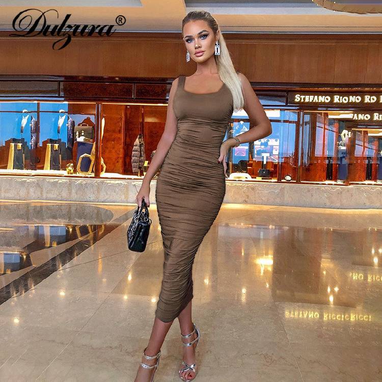 Dulzura ruched women midi shirt dress bodycon sleeveless elegant party backless streetwear 2020 spring summer clothes club