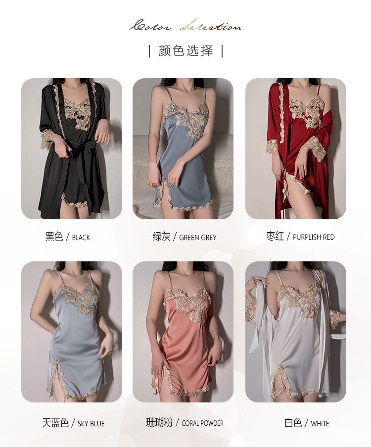 New Women`s Lingerie Sexy Satin Lace Nightgown Thong Robe Suit Female Thin Deep V Strap Nightdress Bathrobe Sets Sleepwear