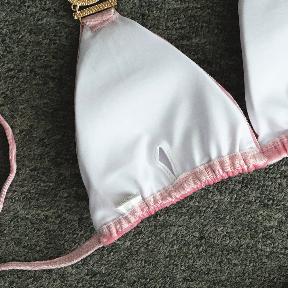 Pink Gold Velvet Women's Split Swimsuit Sexy Crystal Diamond Bikini