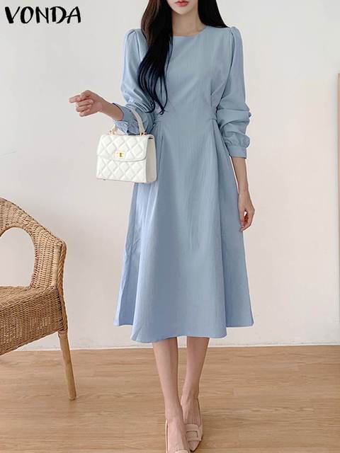 VONDA Women Long Shirt Dress Summer Puff Sleeve Waist-in Design Solid Color Midi Sundress 2023 Elegant Casual Pleated Robe Femme