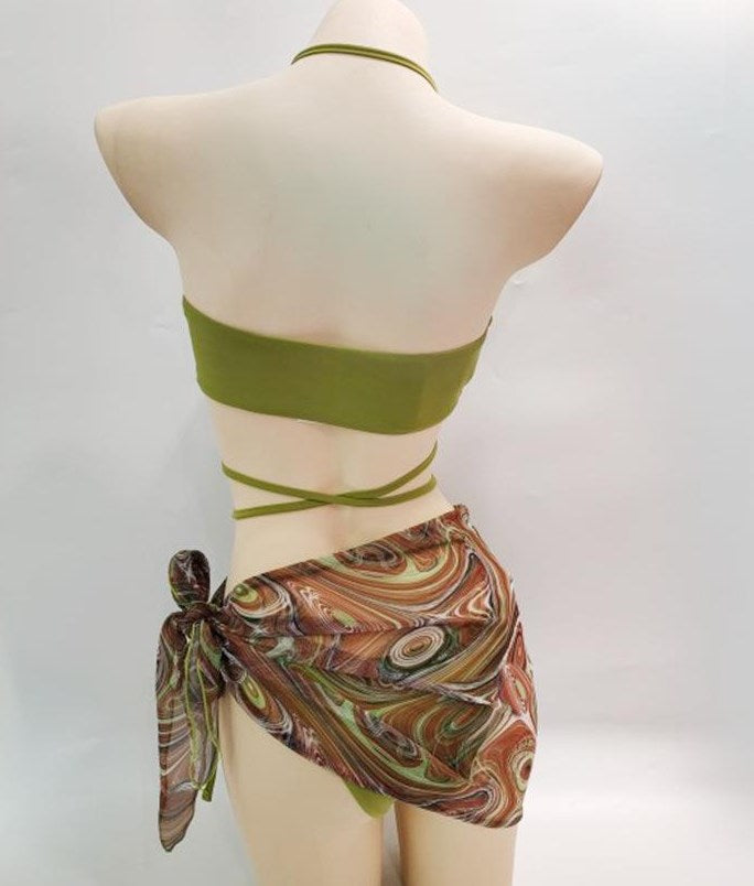 New drawstring strap skirt mesh split bikini with chest pad no steel support three-piece swimsuit bikini