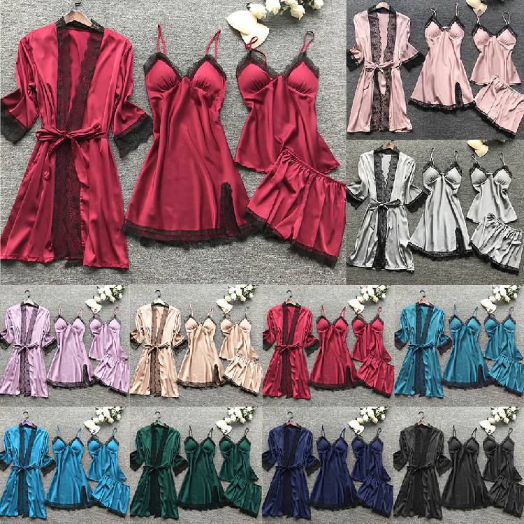 Lace Up Lingerie Pajamas Set Nightdress Women Long Silk Dressing Gown Bath Robe Sleep Wear Four piece Suit Sleepwear
