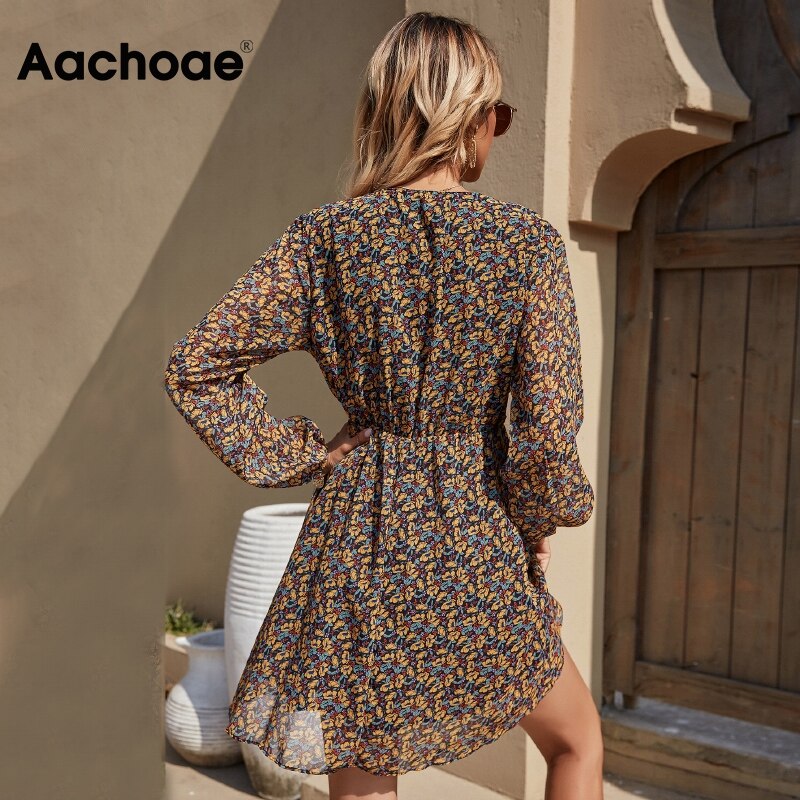 Aachoae Women Beach Style Summer Mini Dresses Boho V Neck Floral Print Chiffon Dress Ladies A Line Long Sleeve Vintage Dress