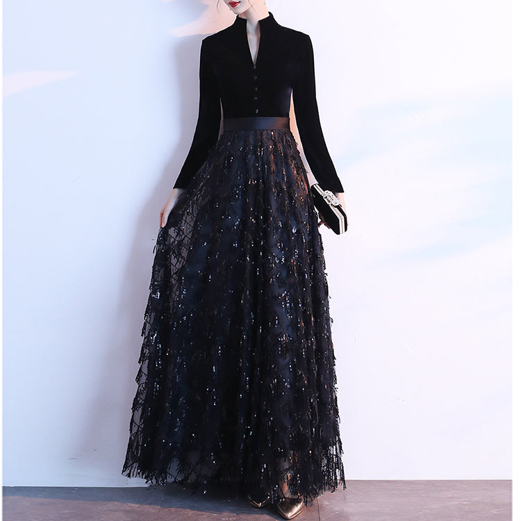 Ladies velvet tassel sequin party evening dress long sleeve fashion V-neck party dress