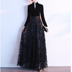 Ladies velvet tassel sequin party evening dress long sleeve fashion V-neck party dress