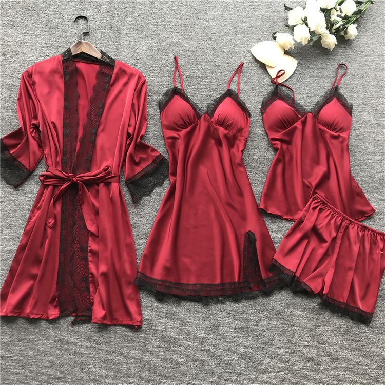 Pajamas women's sexy pajamas four-piece underwear Korean version sling pajamas women's home clothes with chest pad nightgown