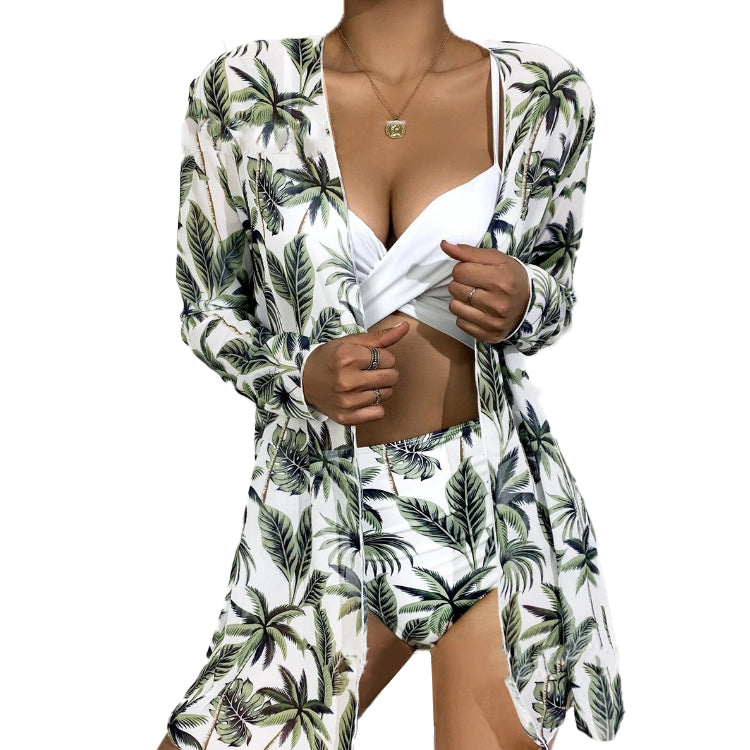 Three-piece mesh high-waist printing sexy gathered split swimsuit bikini