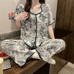 Summer new ink painting ice silk pajamas women's short-sleeved trousers  silk home service suit