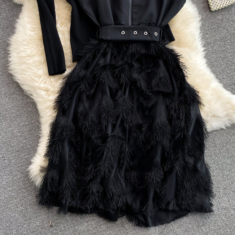 Autumn black stand-up collar tight  bottoming shirt two-piece suit  waisted splicing  fringe suspender dress