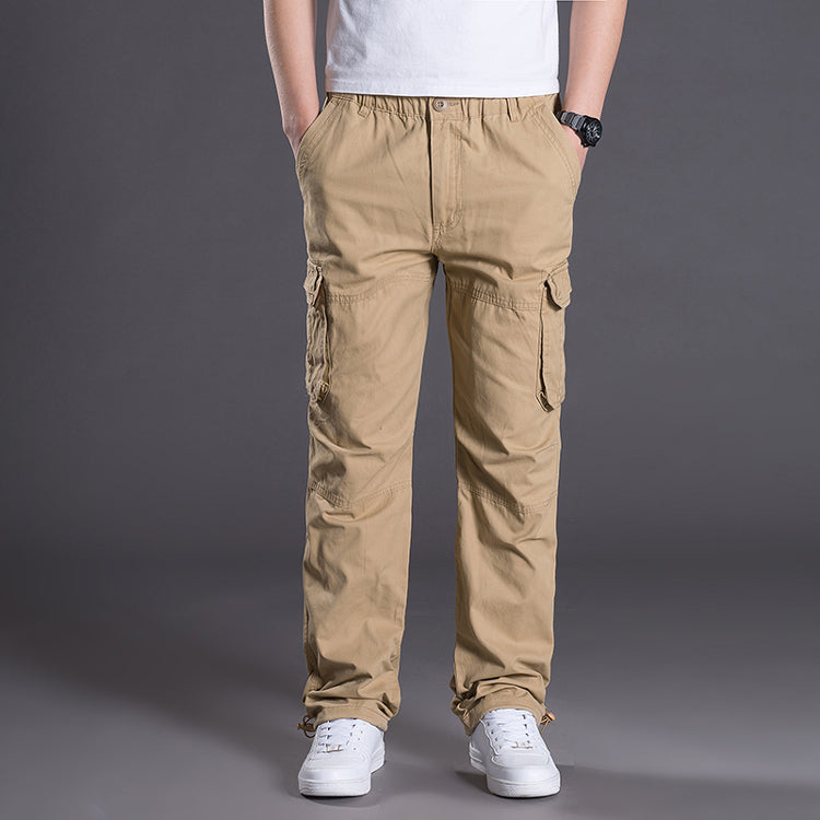 New men's adjustable adjustable pants, men's pants, loose casual trousers, outdoor hiking adventure overalls, large pockets, pure cotton.