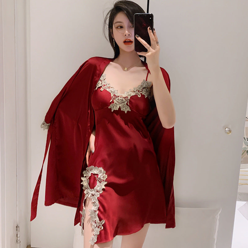 2PCS Pajamas Set Womens Long Sleeve Nighty Robe V-Neck Sleep Wear Pijama Home Nightie Sexy Bathrobe Gown Suit vest with Chest Pad Silk Slip Nightdress