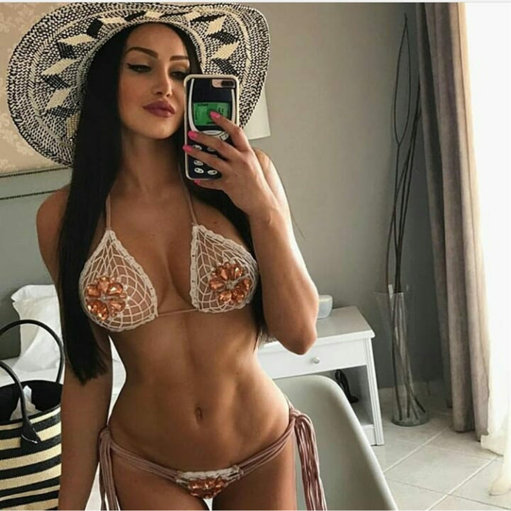 Hot new style swimsuit ladies European and American sexy hollow bikini straps lace hand knitted split swimsuit